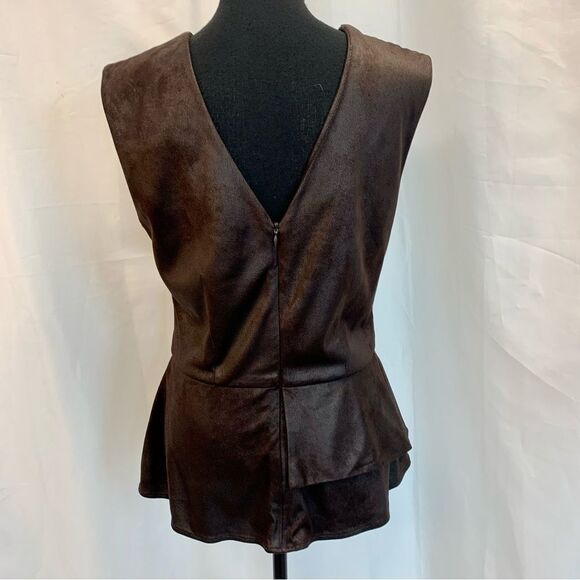 Nha Khanh brown faux suede asymmetrical draped peplum top Sz 10 sleeveless - Picture 9 of 16